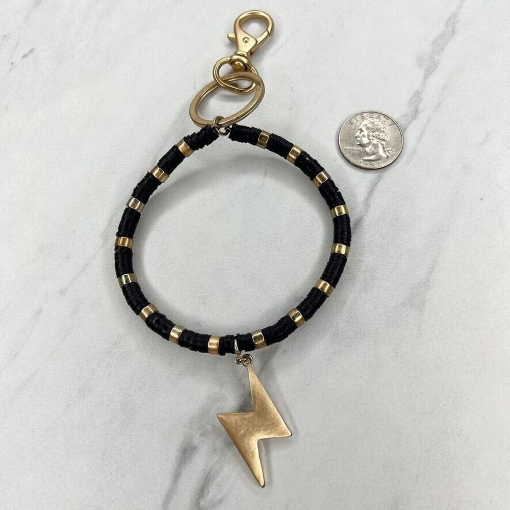Gold Tone and Black Beaded Bracelet Lightning Charm Keychain Keyring